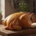 Illustration of a browned whole roast chicken on a cutting board
