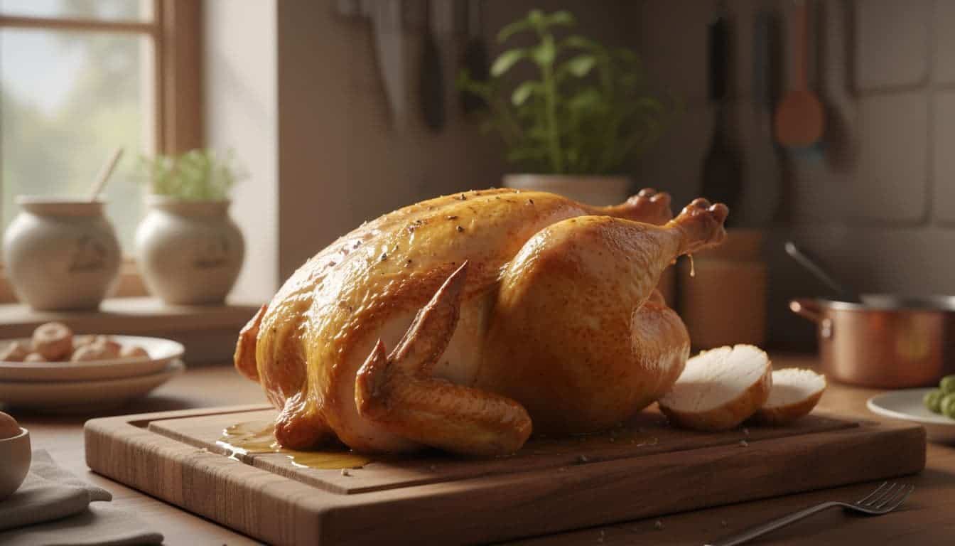 Illustration of a browned whole roast chicken on a cutting board