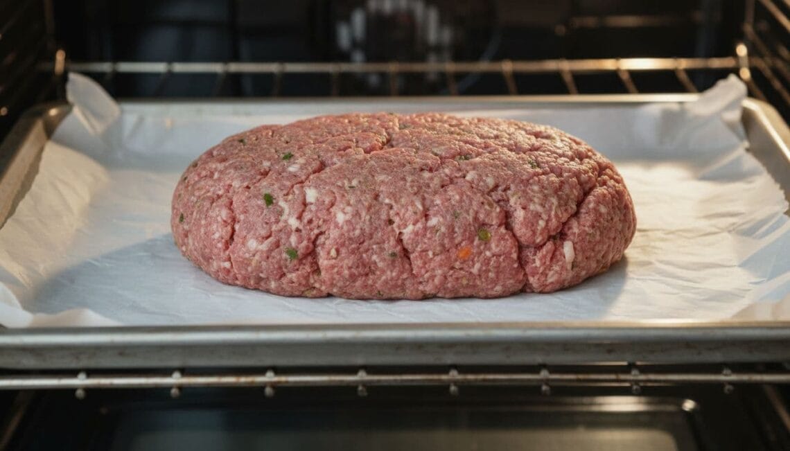 Raw meatloaf shaped on a lined rimmed baking sheet