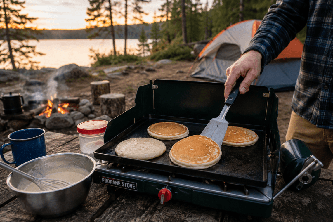 Pancakes cooking on a portable griddle at a campsite beside a lake