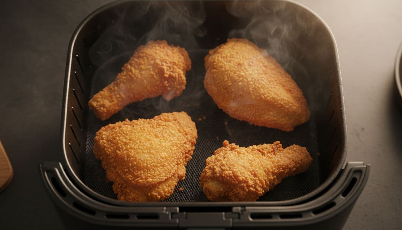 Breaded chicken pieces spaced inside an air fryer basket