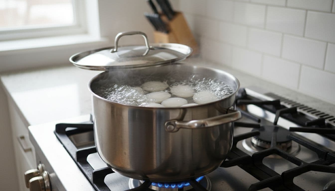 Eggs cooking in a saucepan of water