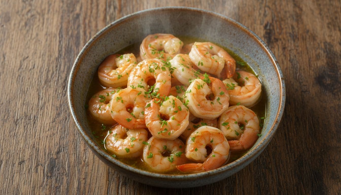 Shrimp served in garlic butter with chopped herbs