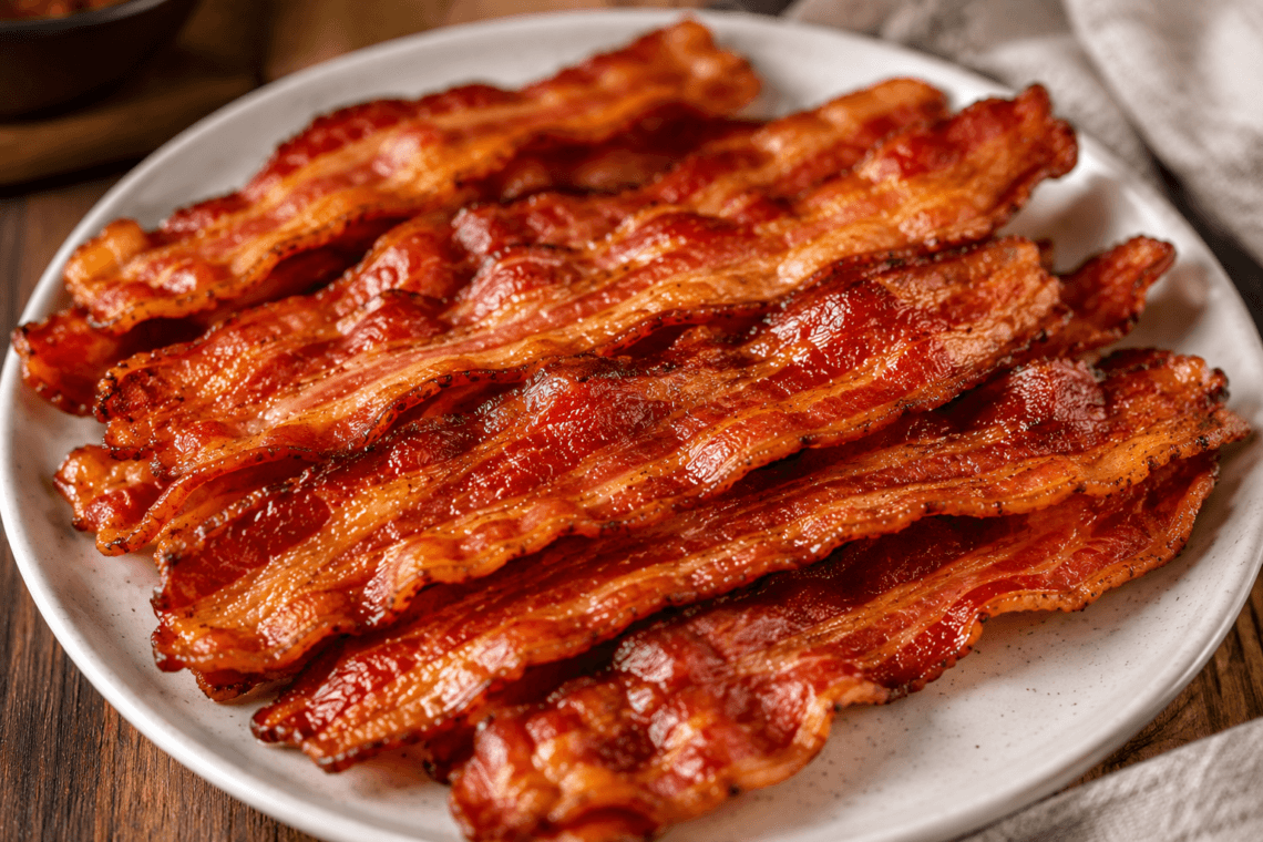 Crisp cooked bacon strips drained on a plate after baking in the oven