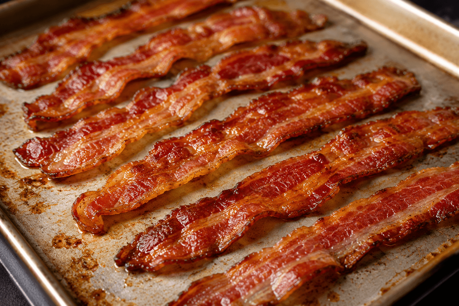 Bacon strips browning on a rimmed oven tray