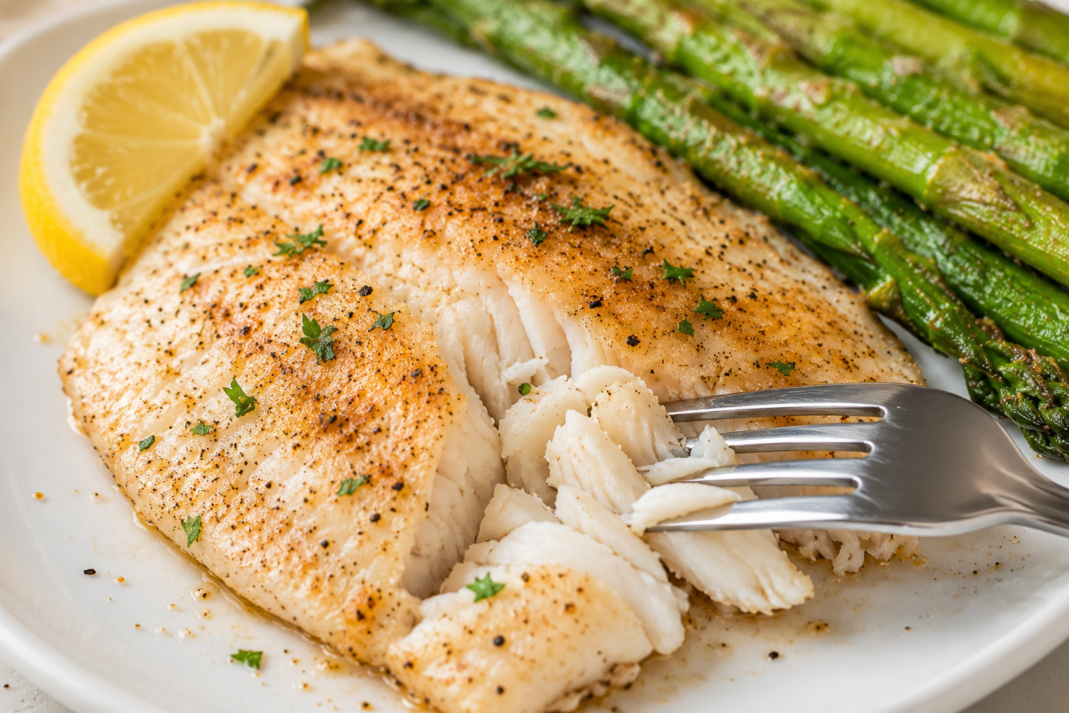 Cooked tilapia with white flakes separated by a fork