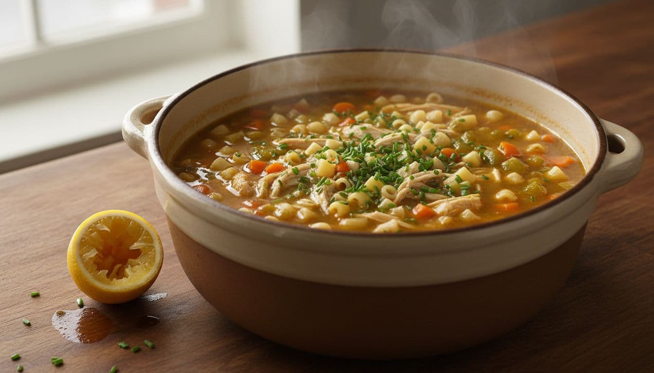 Illustration of chicken and small pasta in a soup pot beside lemon