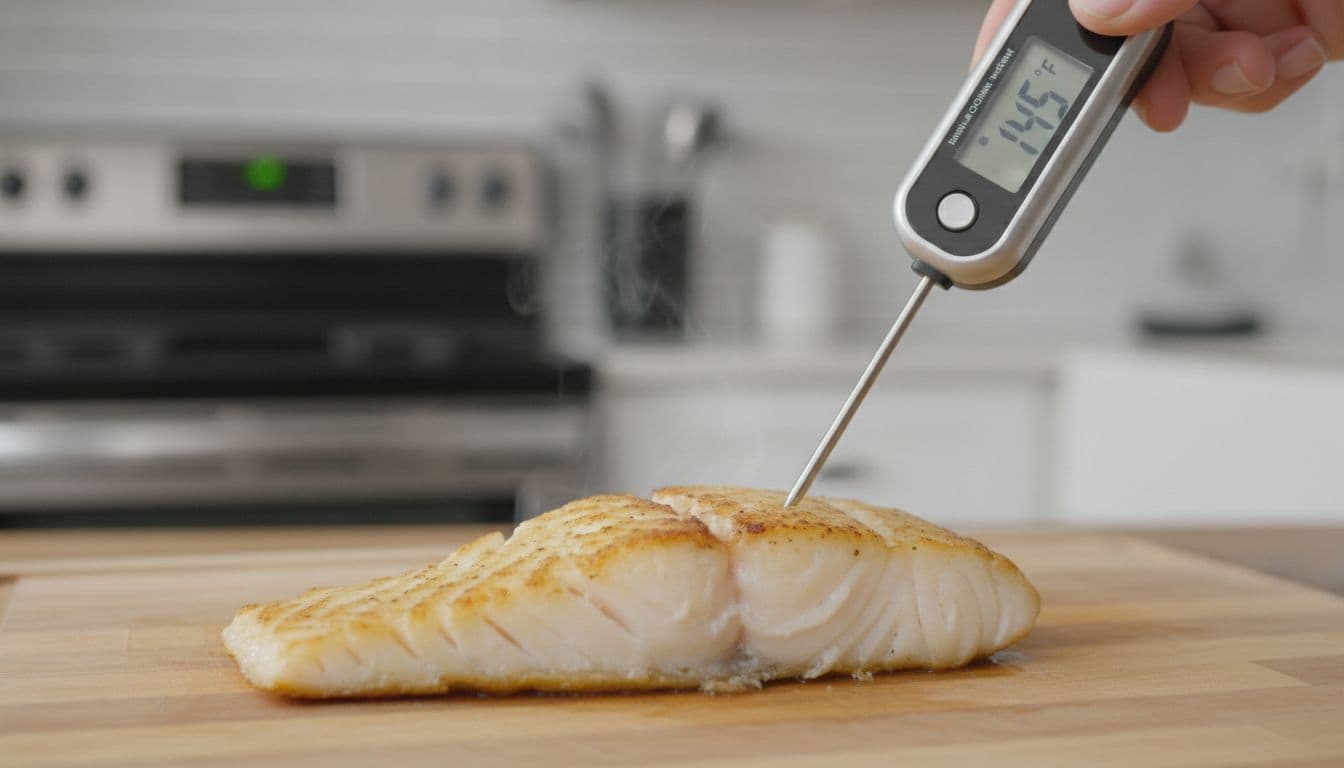 Illustration of cod fillet thermometer internal temperature check