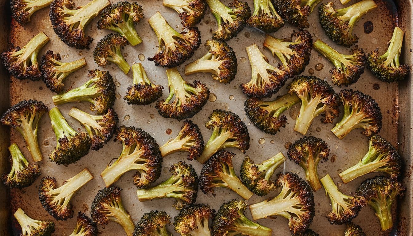 Illustration of crispy roasted broccoli sheet pan oven fresh