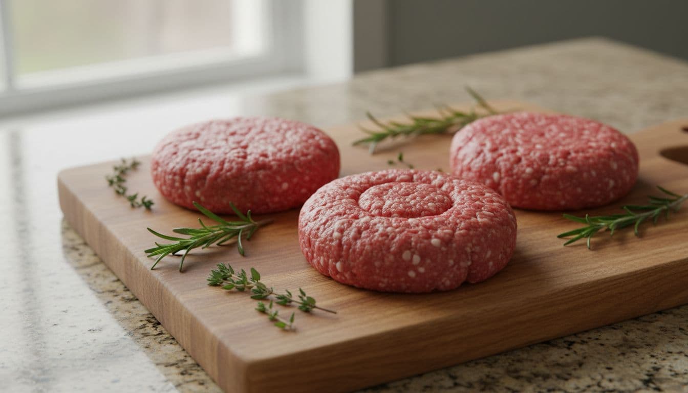 Three raw dimpled beef burger patties on a board