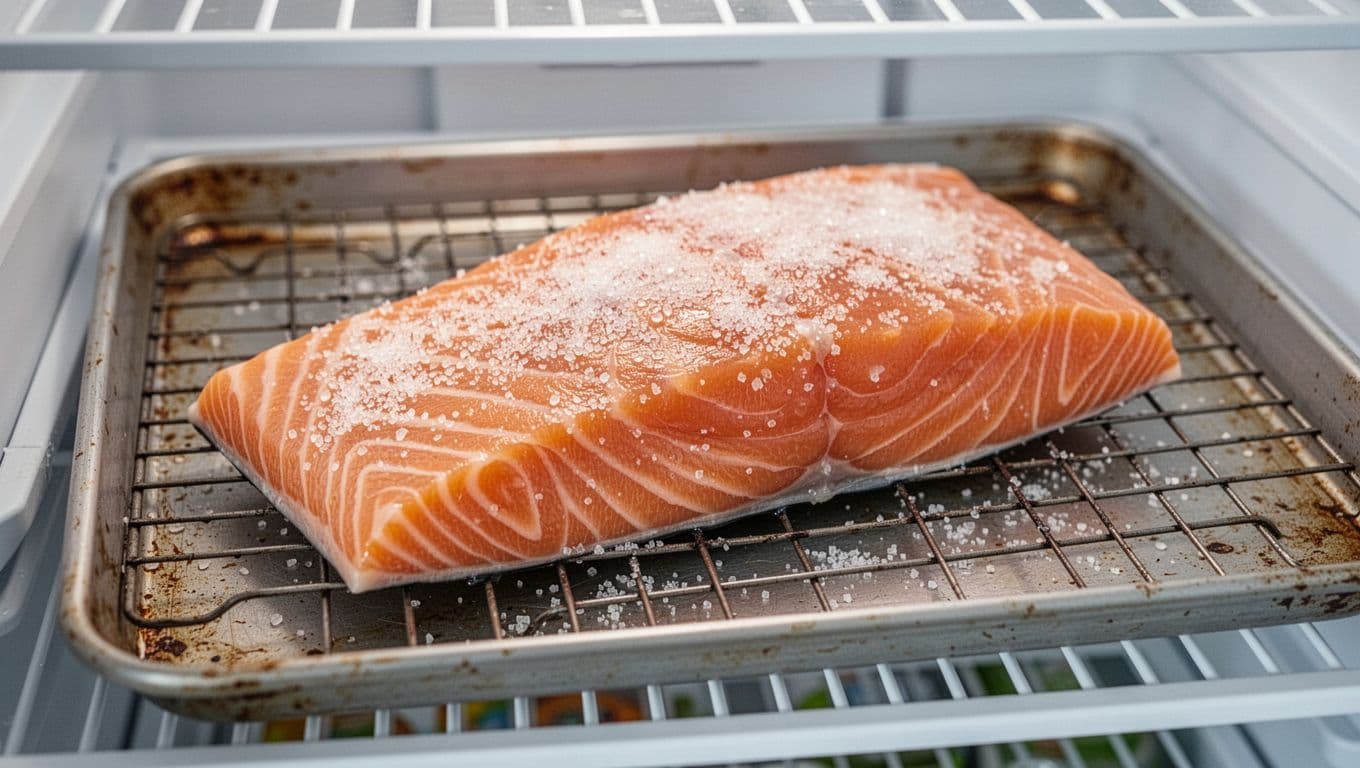Illustration of dry-brined skin-on salmon on a refrigerator rack
