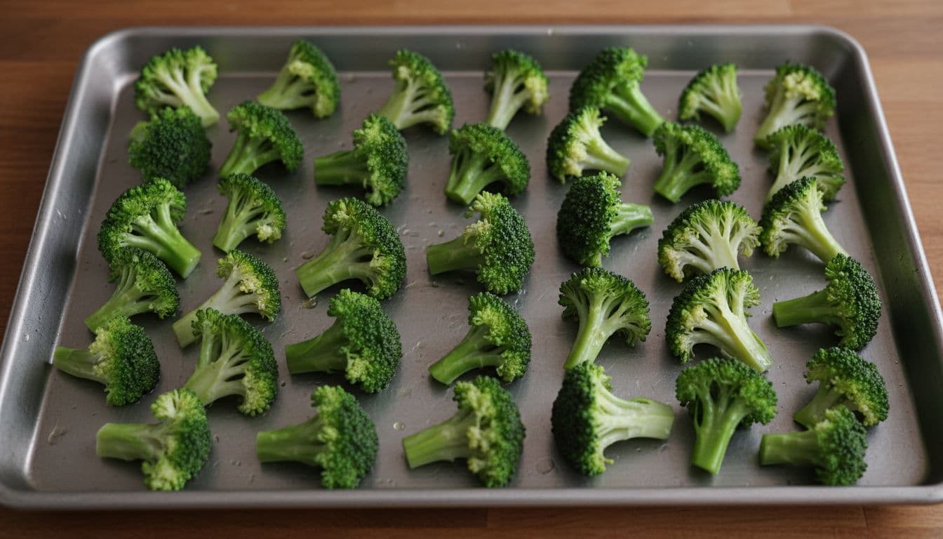 Illustration of dry oiled broccoli florets baking sheet
