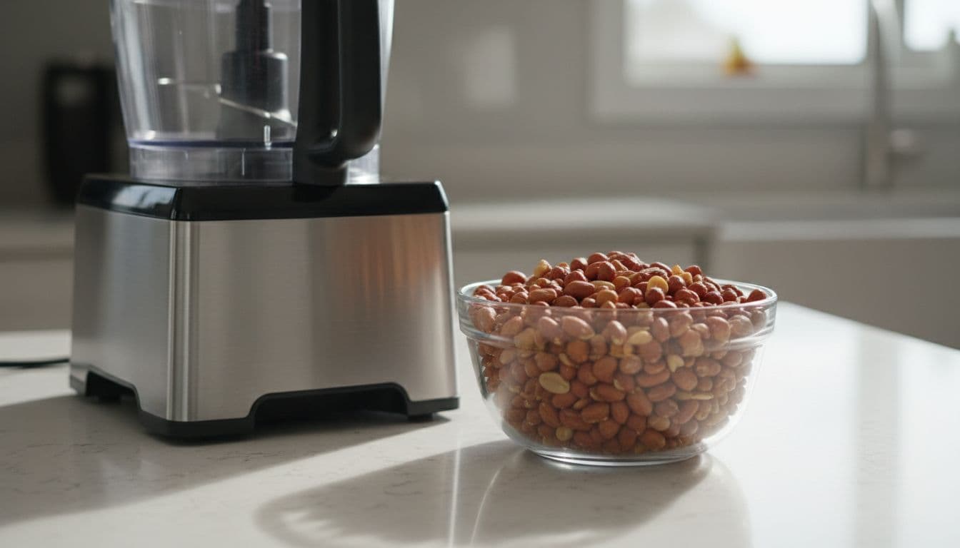 Roasted peanuts in a bowl beside a food processor