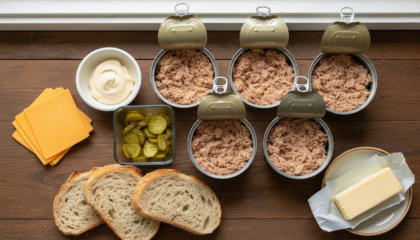 Tuna melt ingredient illustration with canned tuna, bread, cheese, pickles and butter