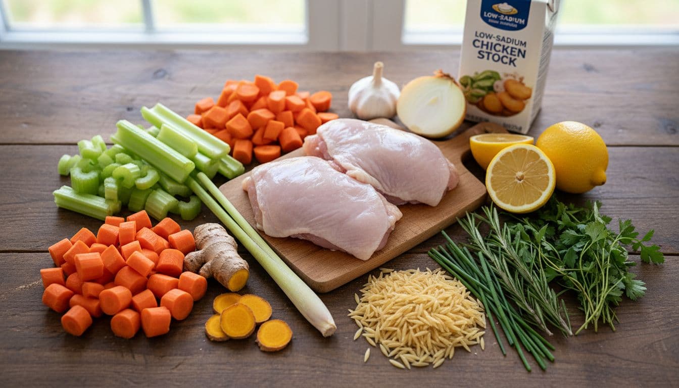Illustration of raw chicken, carrots, celery, herbs, lemon, and pasta for soup