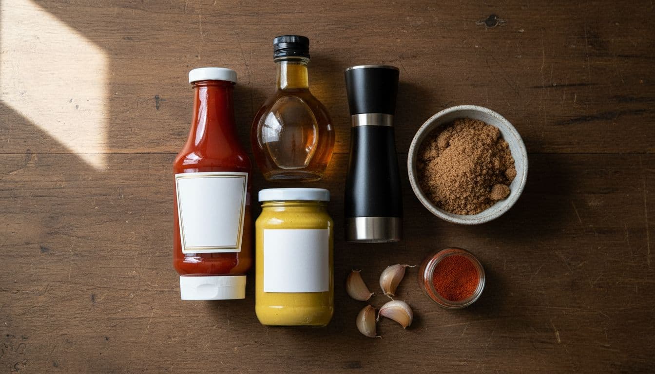 Mustard, brown sugar, sauce bottles, garlic and seasonings on a worktop