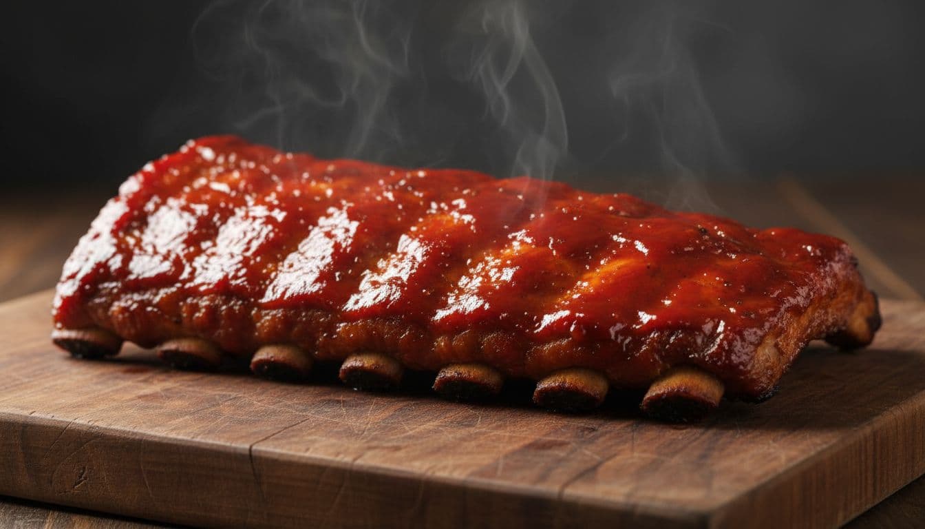 Glazed baby back ribs on a wooden board