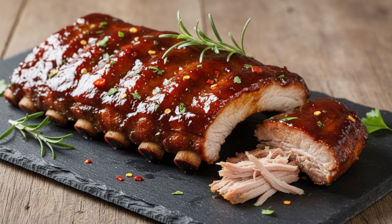 Sliced glazed ribs with a glossy dark sauce on a serving board