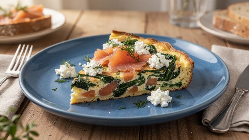 Illustration of a smoked salmon and spinach frittata slice
