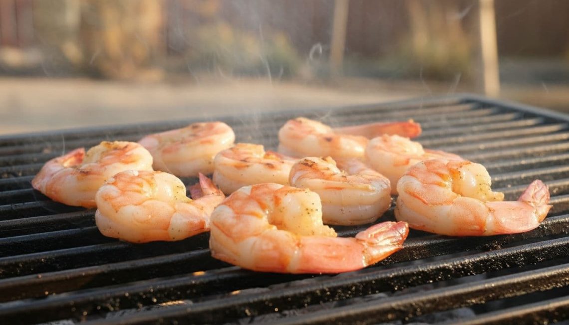 Illustration of shrimp with opaque flesh and browned edges on a grill