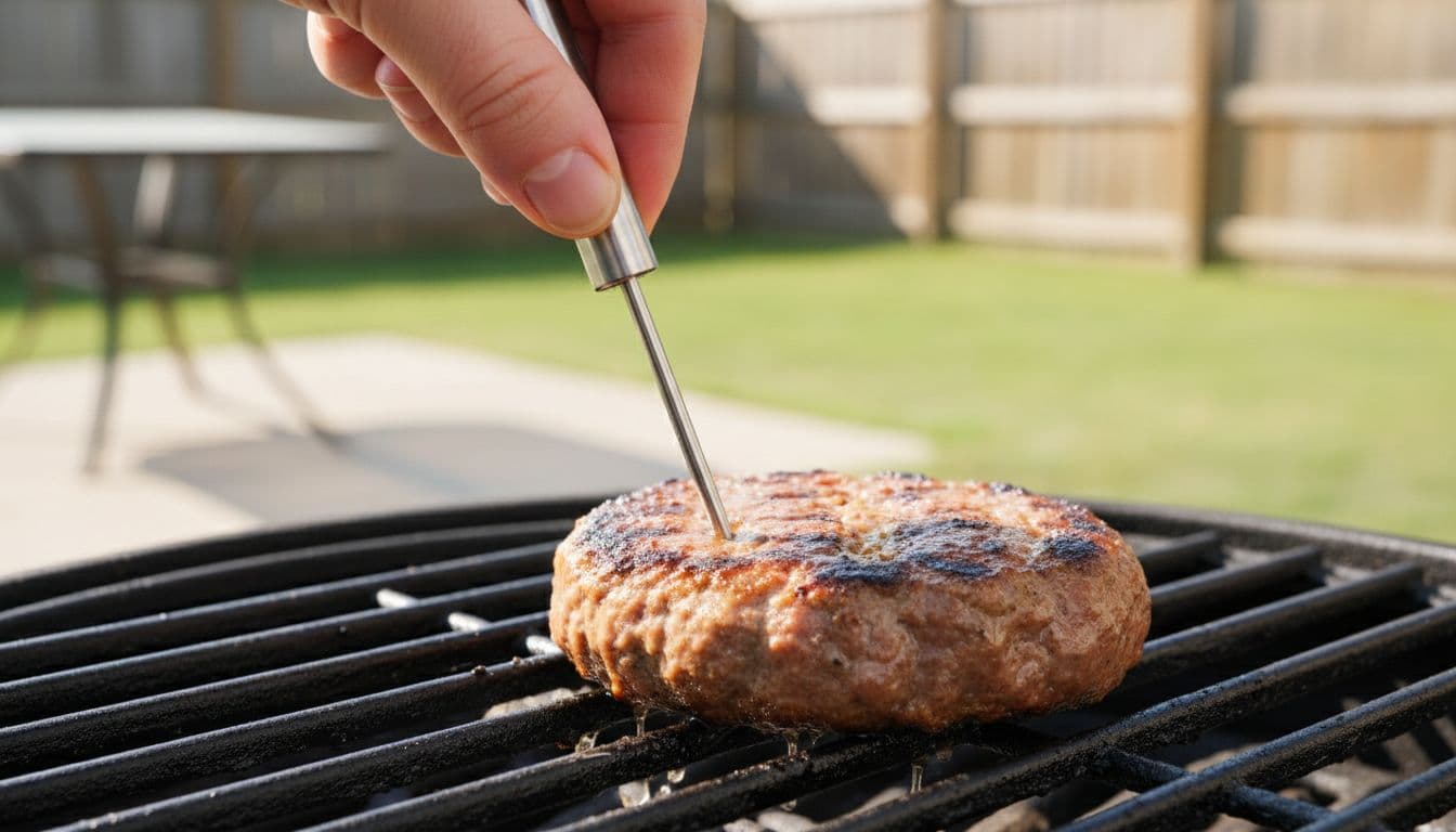 Illustration of a thermometer probe checking a burger on a grill