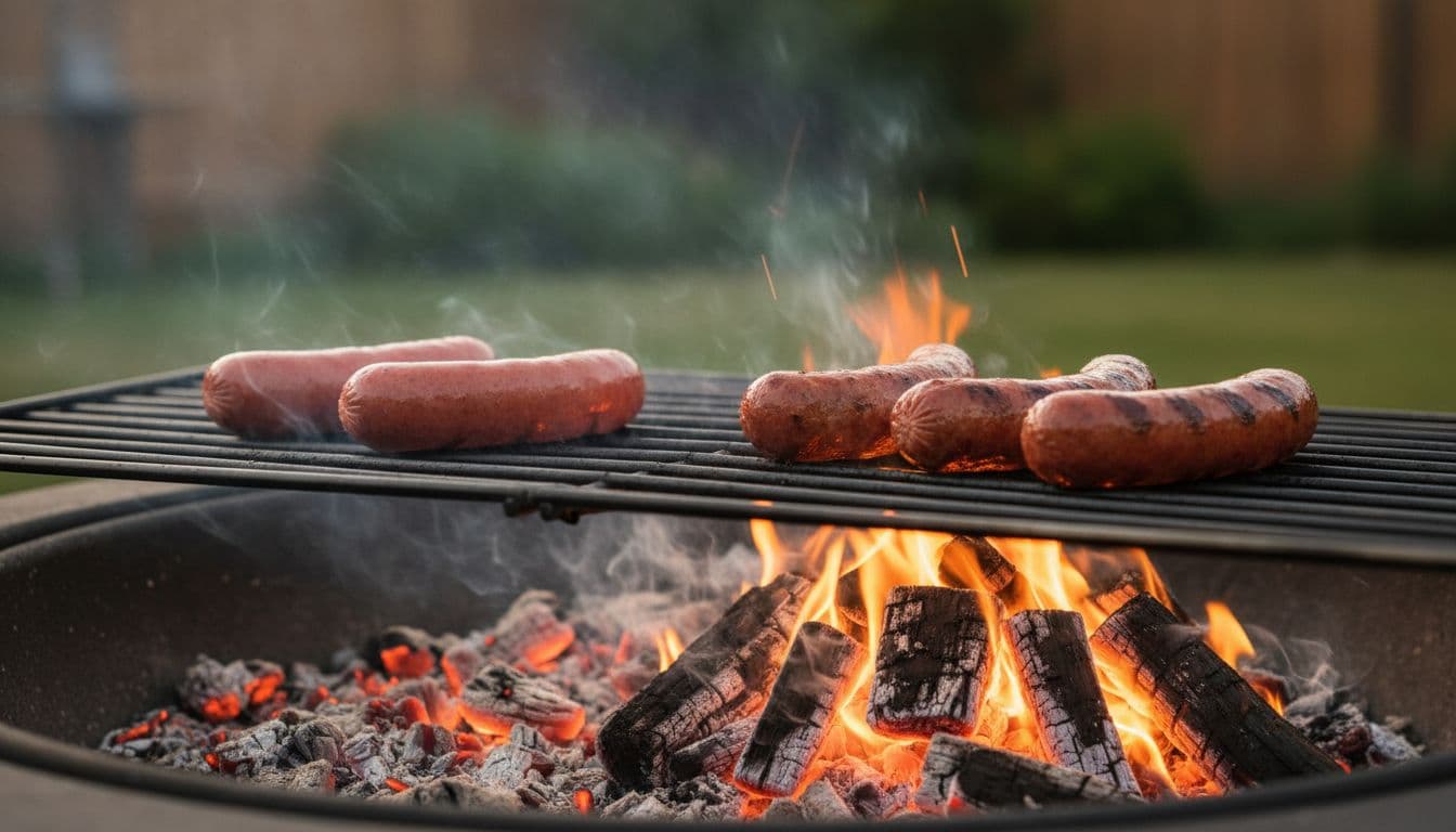 Illustration of hot dogs on a grate above a fire pit