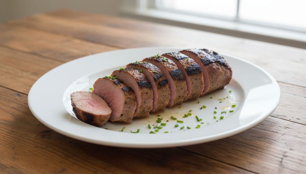 Sliced grilled pork tenderloin on a white platter