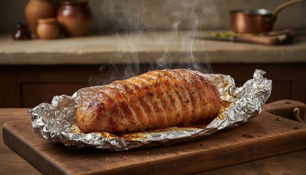 Roasted pork resting on foil on a cutting board