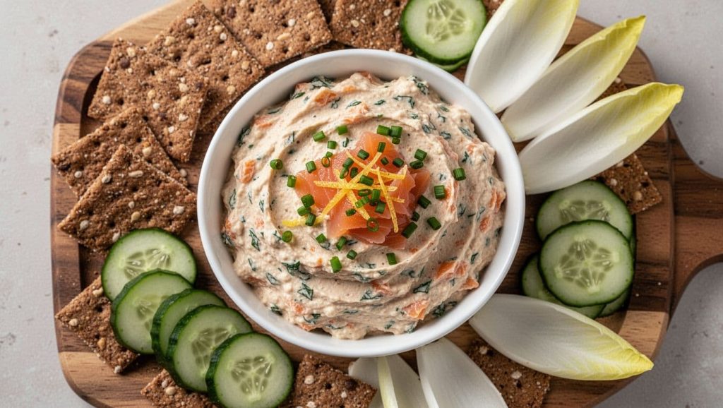 Illustration of creamy smoked salmon dip served with crackers