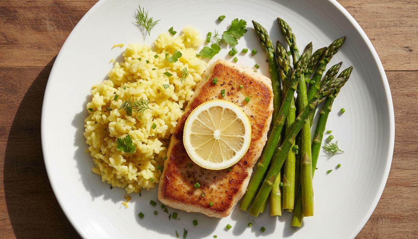 Illustration of pan seared mahi mahi lemon rice roasted asparagus