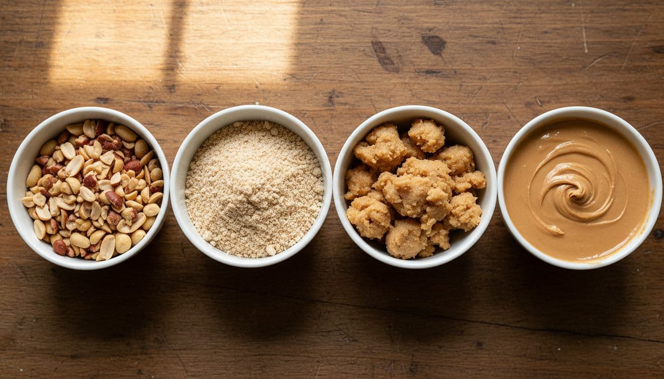 Four bowls illustrating peanuts, fine crumbs, clumps, and smooth peanut butter