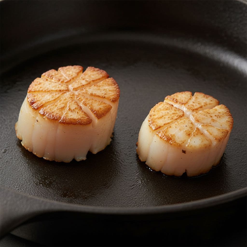 Illustration of two seared scallops with browned surfaces