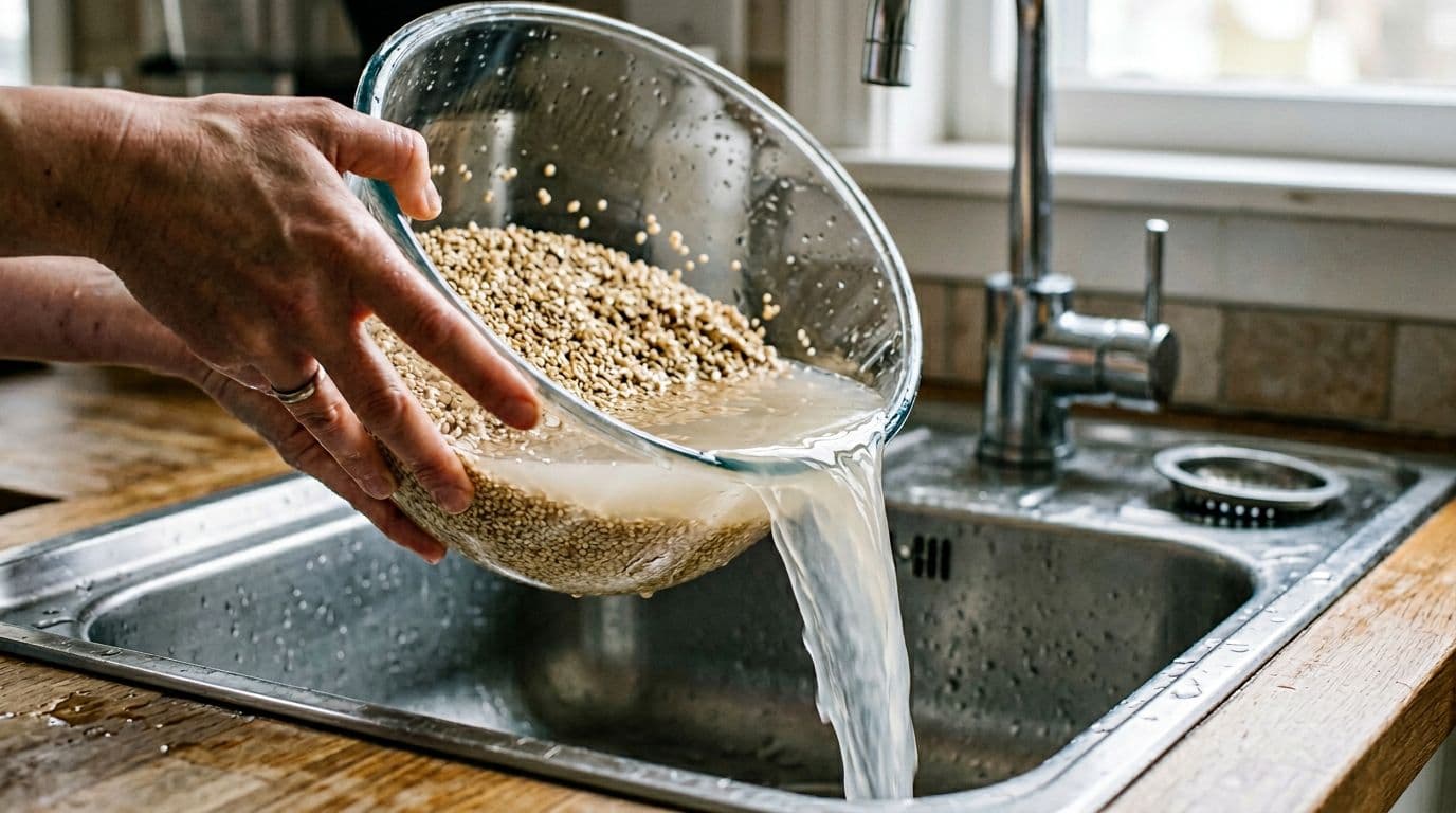 Rinse water being poured from a bowl of quinoa