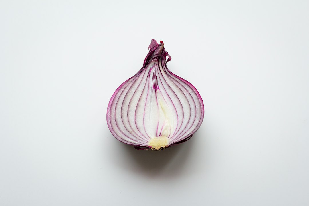 Half a red onion showing its purple and white layers