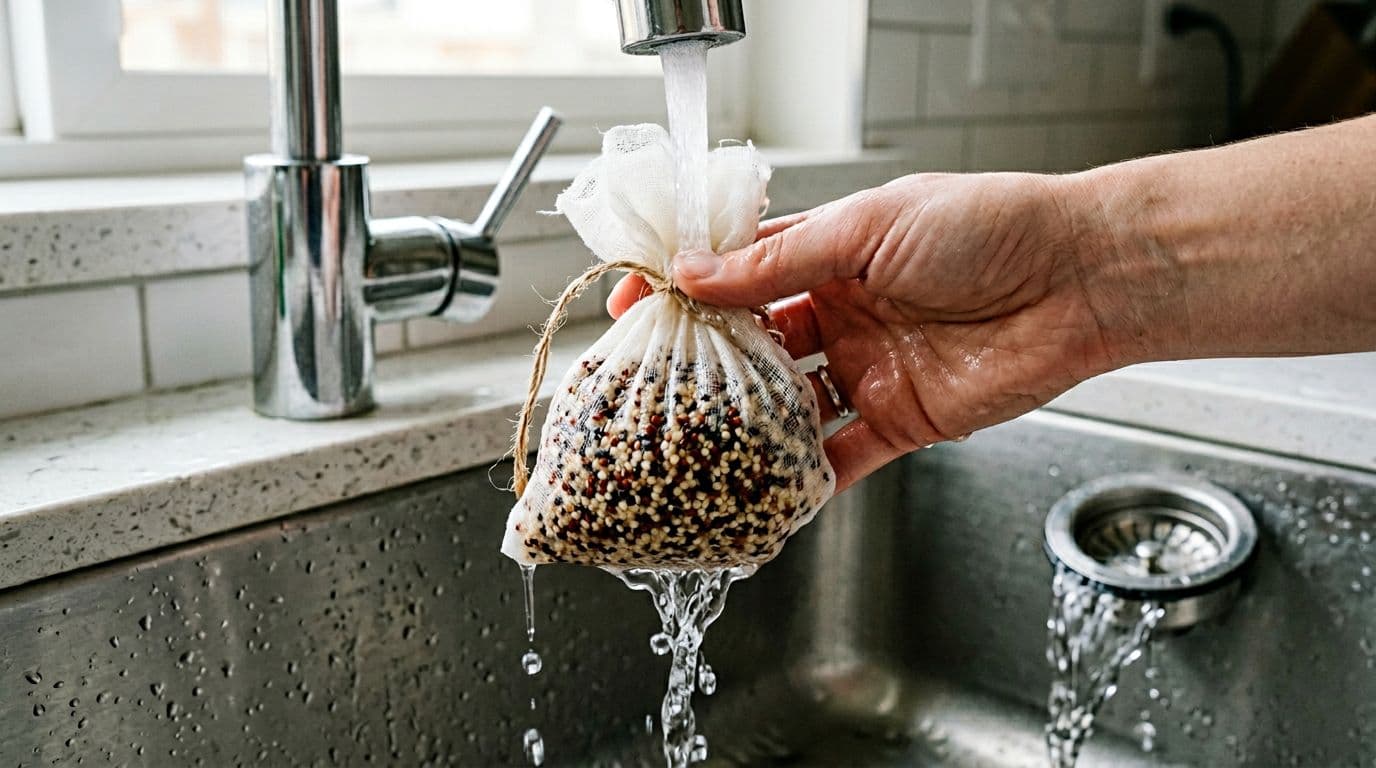 Mixed quinoa being rinsed in a cheesecloth pouch