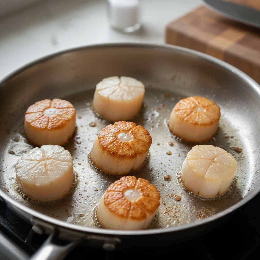 Illustration of searing scallops stainless pan closeup