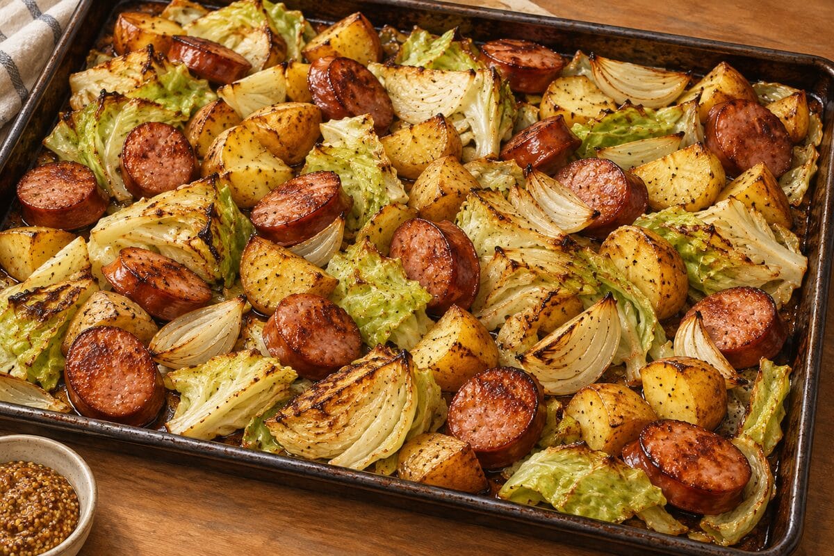 Sheet pan kielbasa with cabbage and potatoes