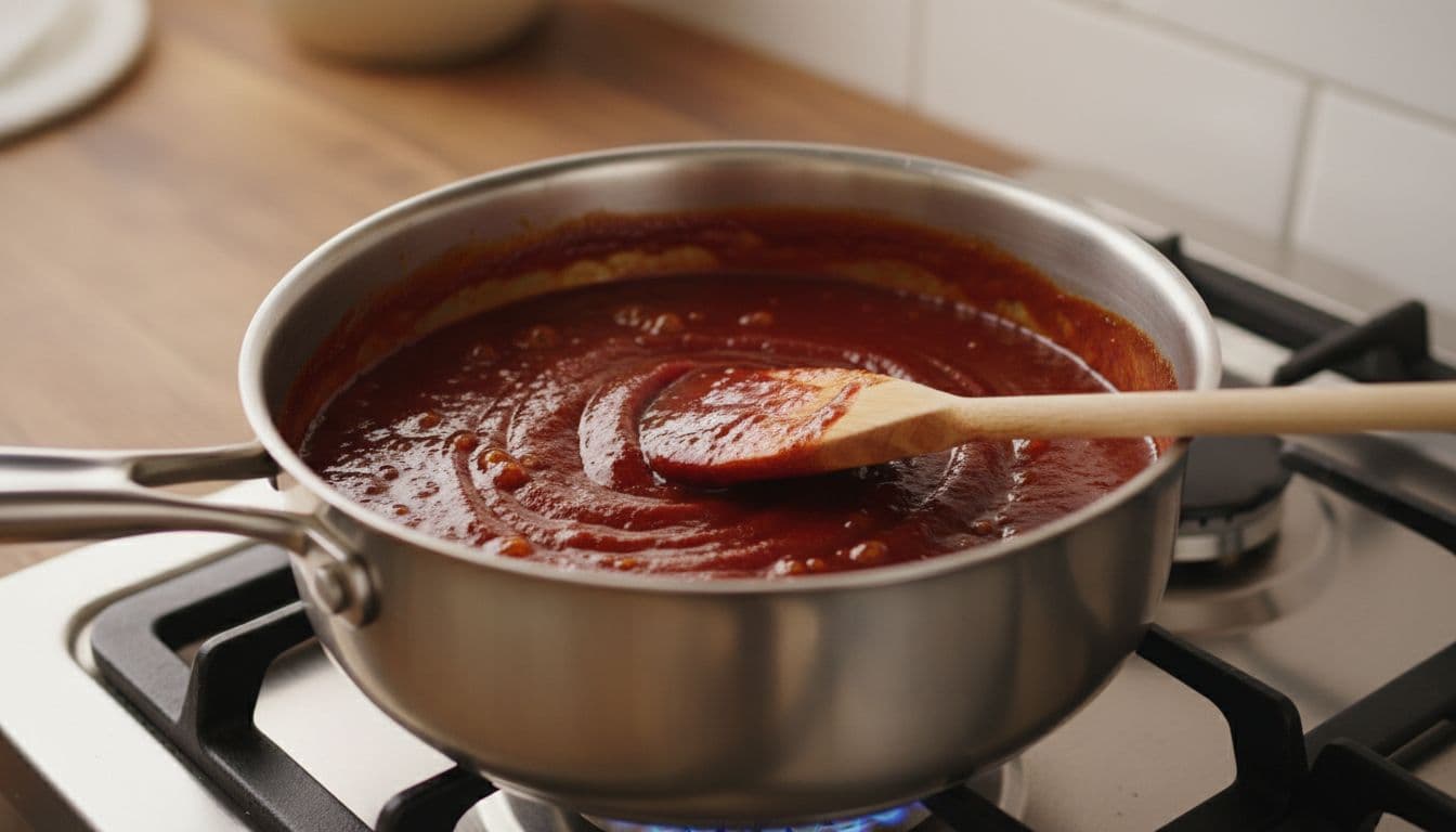 Red barbecue sauce simmering in a saucepan on the stove