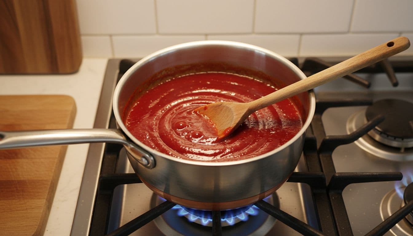 Red barbecue sauce bubbling gently in a saucepan