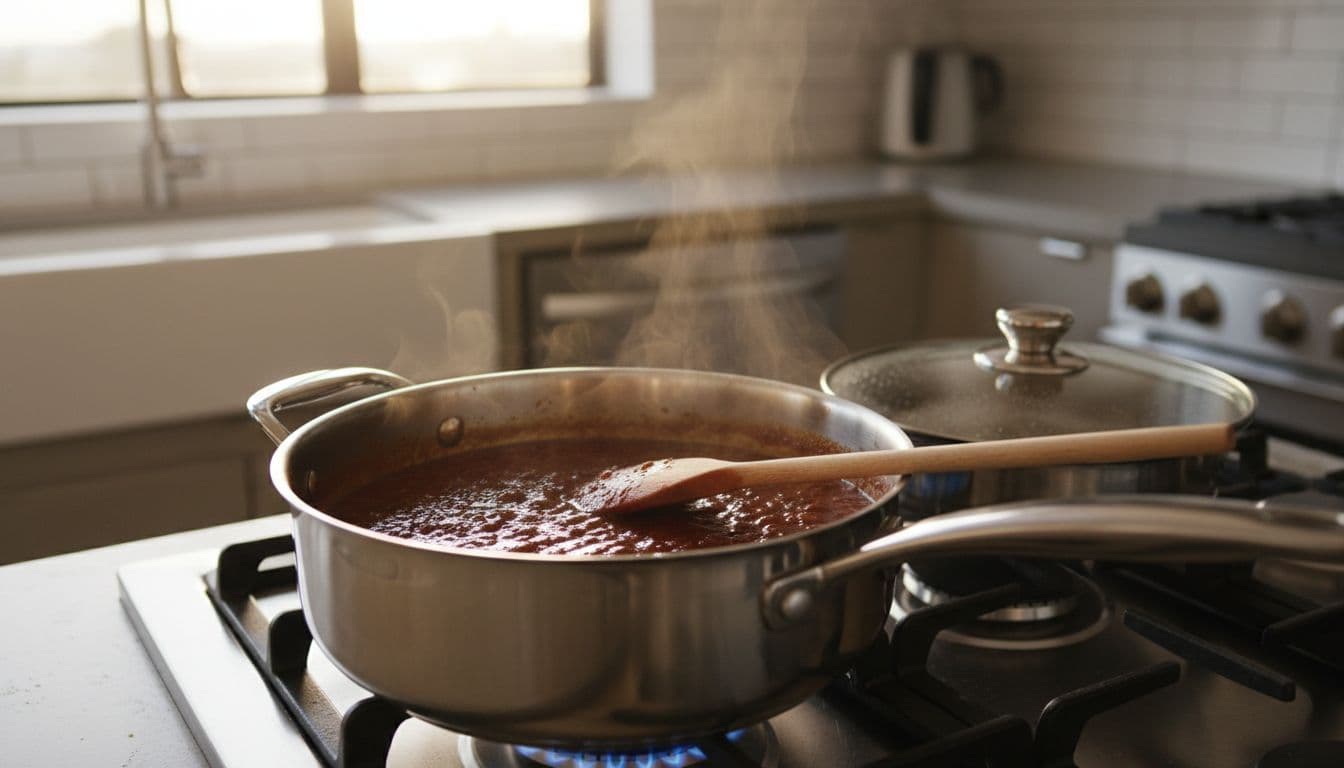 Dark sweet barbecue sauce simmering in a saucepan