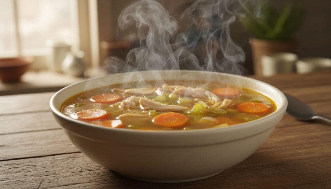 Illustration of a steaming bowl of chicken soup with vegetables