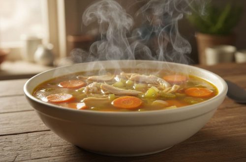 Illustration of a steaming bowl of chicken soup with vegetables