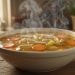 Illustration of a steaming bowl of chicken soup with vegetables