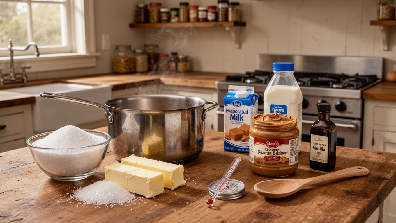 Illustrated ingredient setup for making stovetop peanut butter fudge