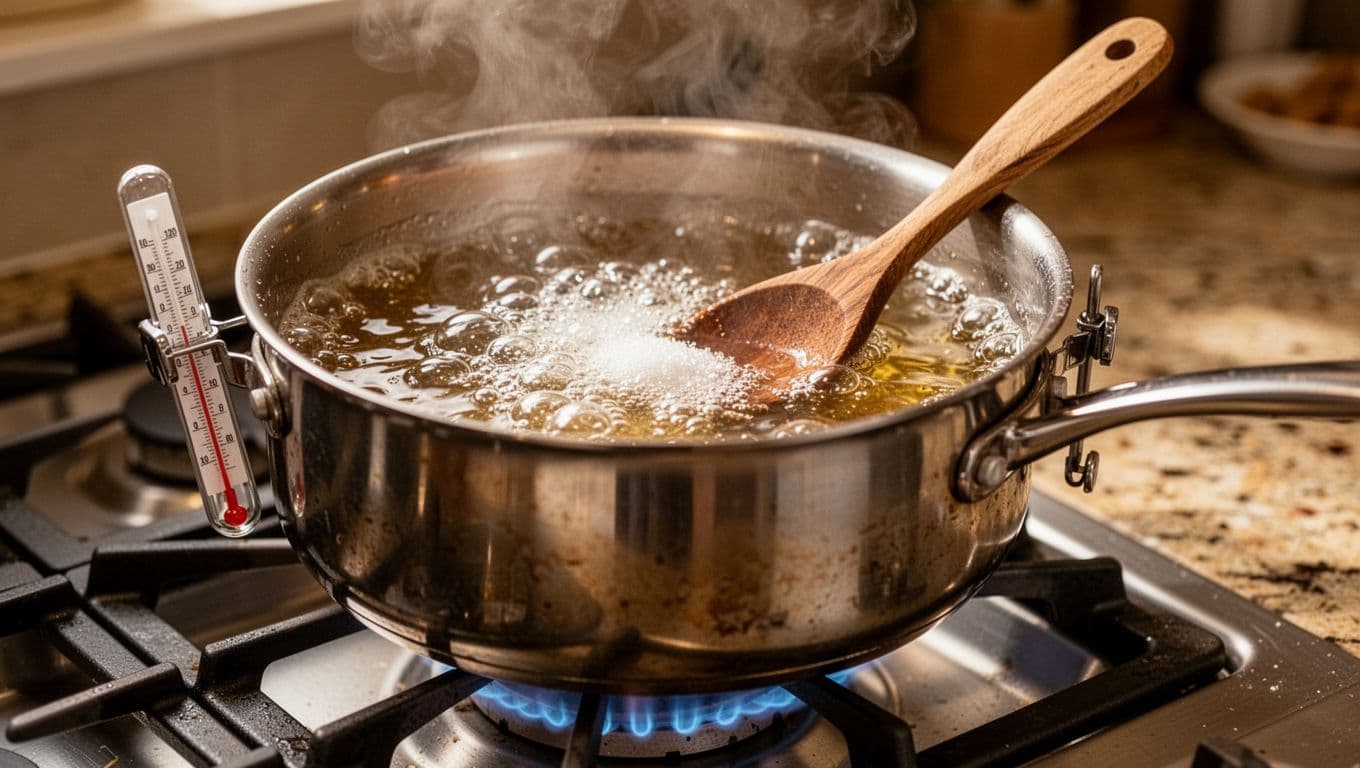 Illustration of a saucepan of hot sugar syrup with a candy thermometer