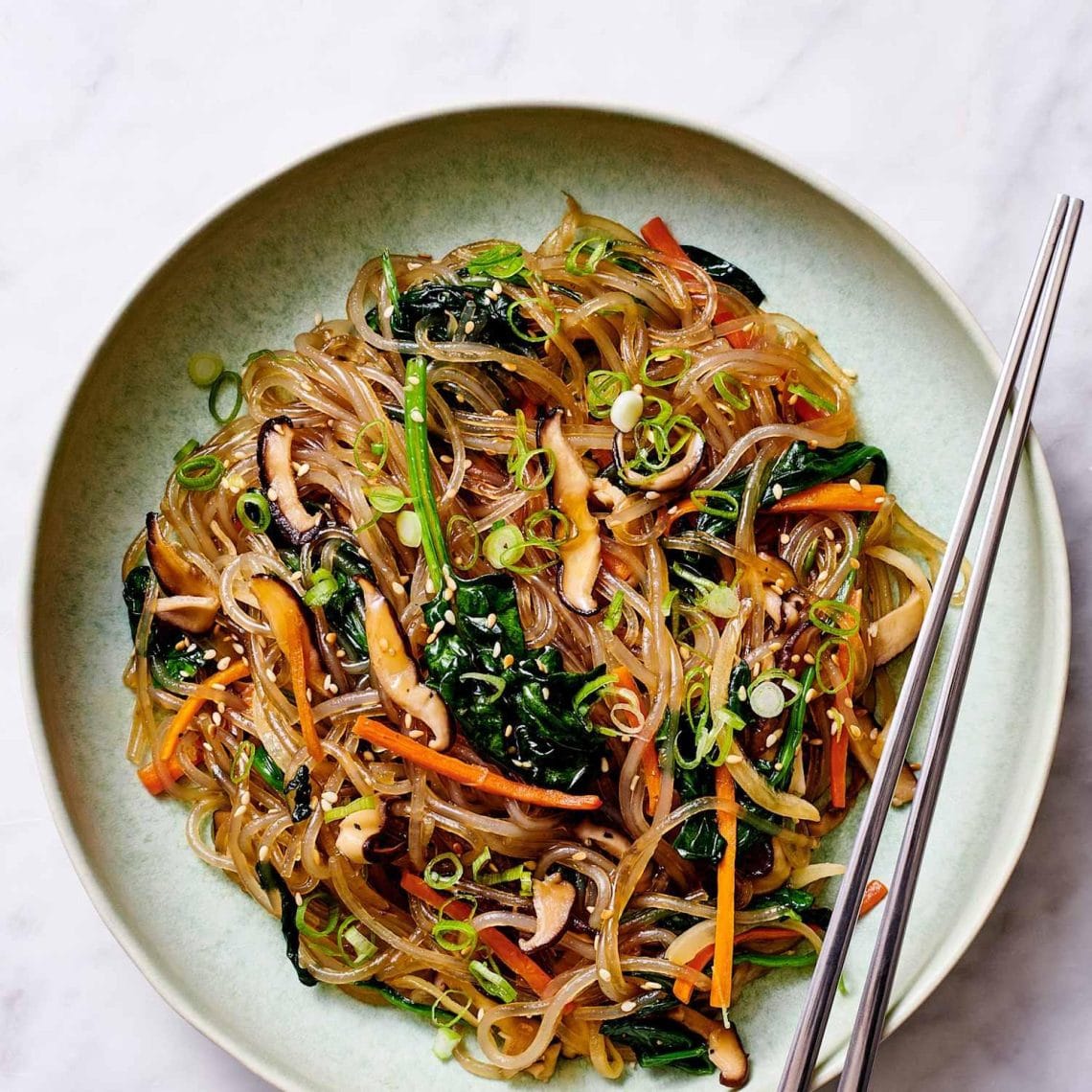 Sweet potato glass noodles with vegetables in a bowl