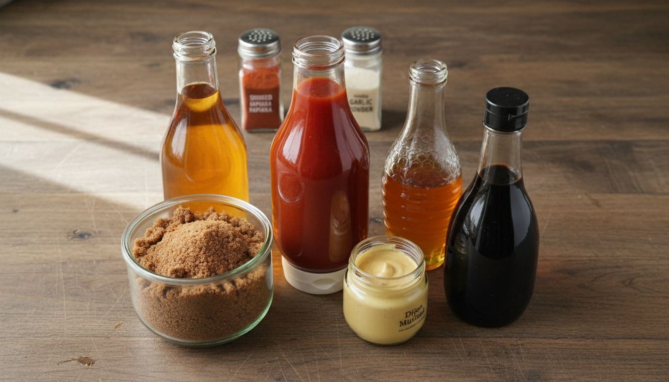 Brown sugar, mustard, sauce bottles and seasonings for a sweet rib glaze