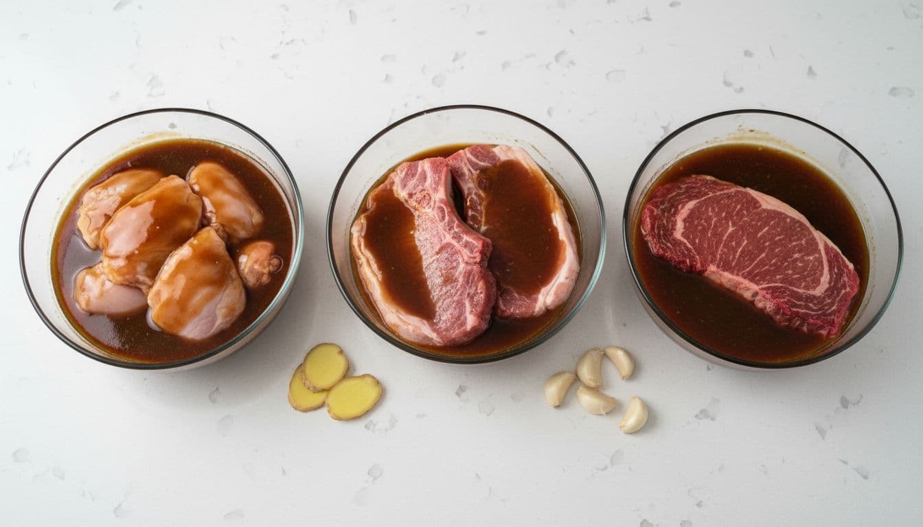 Chicken, pork and beef in separate bowls with a dark marinade