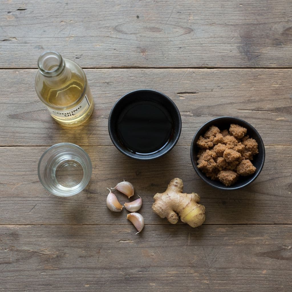 Soy sauce, brown sugar, garlic, ginger and oil for a teriyaki marinade