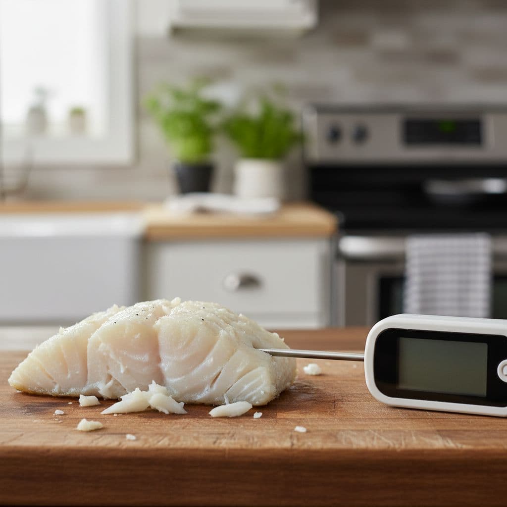 Illustration of thermometer probe thickest part cooked cod
